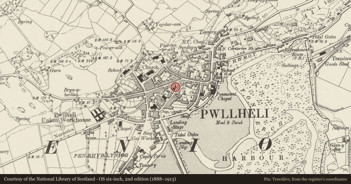 Ordnance Survey six-inch map, 2nd edition (1888–1913) covering the location of W.L.Jones Chemist, Pwllheli, Gwynedd, with a pin at the register's coordinates
