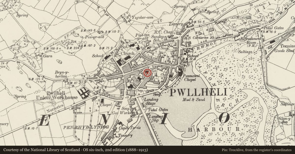 Ordnance Survey six-inch map, 2nd edition (1888–1913) covering the location of 11 Penlan House, Pwllheli, Gwynedd, with a pin at the register's coordinates