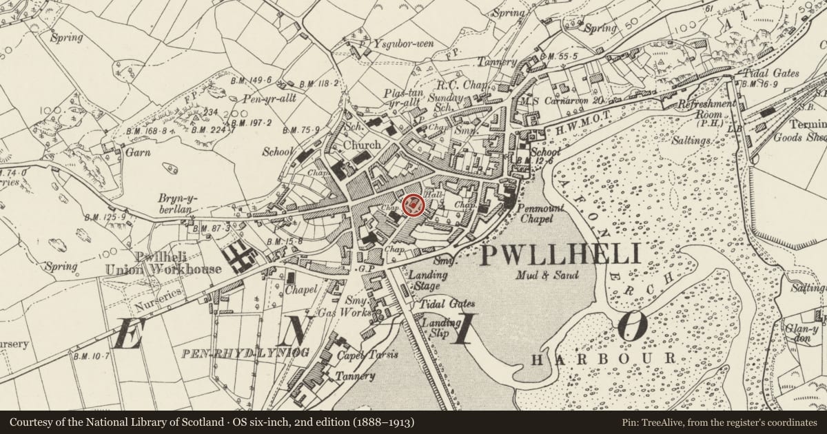Ordnance Survey six-inch map, 2nd edition (1888–1913) covering the location of Penlan House (Mathan House), Pwllheli, Gwynedd, with a pin at the register's coordinates