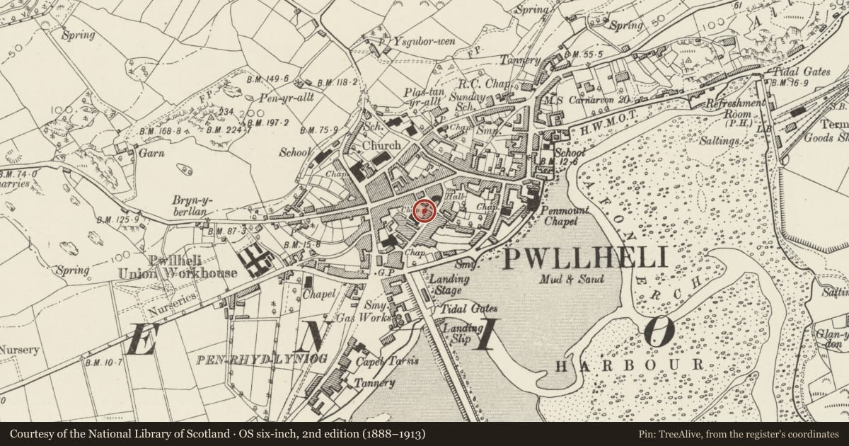 Ordnance Survey six-inch map, 2nd edition (1888–1913) covering the location of Town Hall, Pwllheli, Gwynedd, with a pin at the register's coordinates