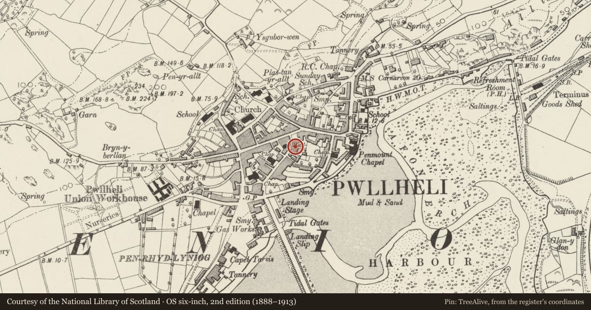 Ordnance Survey six-inch map, 2nd edition (1888–1913) covering the location of Rooney Adams Antiques, Pwllheli, Gwynedd, with a pin at the register's coordinates