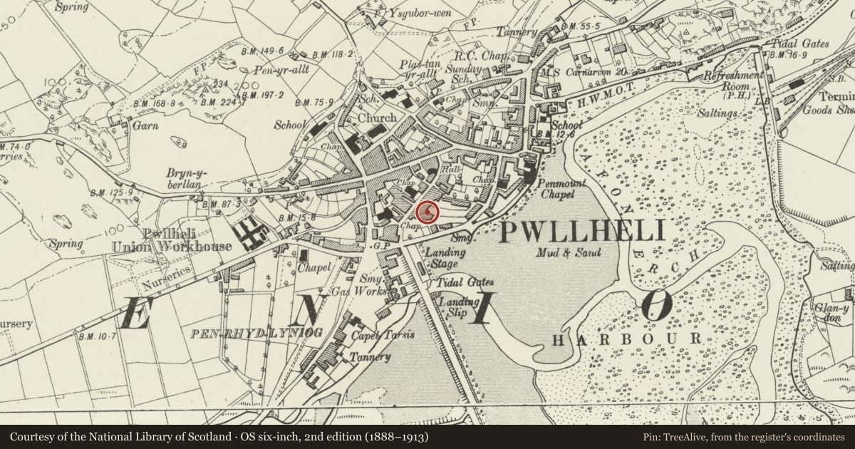 Ordnance Survey six-inch map, 2nd edition (1888–1913) covering the location of L-Plan outbuildings to rear of Penlan Fawr P.H., Pwllheli, Gwynedd, with a pin at the register's coordinates