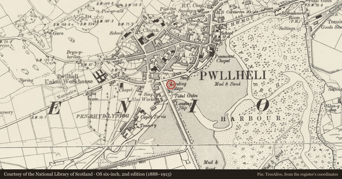 Ordnance Survey six-inch map, 2nd edition (1888–1913) covering the location of Pwllheli Railway Station, Gwynedd, with a pin at the register's coordinates