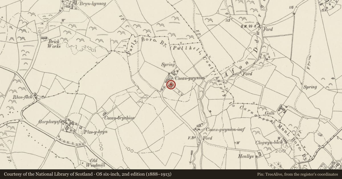 Ordnance Survey six-inch map, 2nd edition (1888–1913) covering the location of Cae Gwynion Uchaf Farmhouse, Pwllheli, Gwynedd, with a pin at the register's coordinates