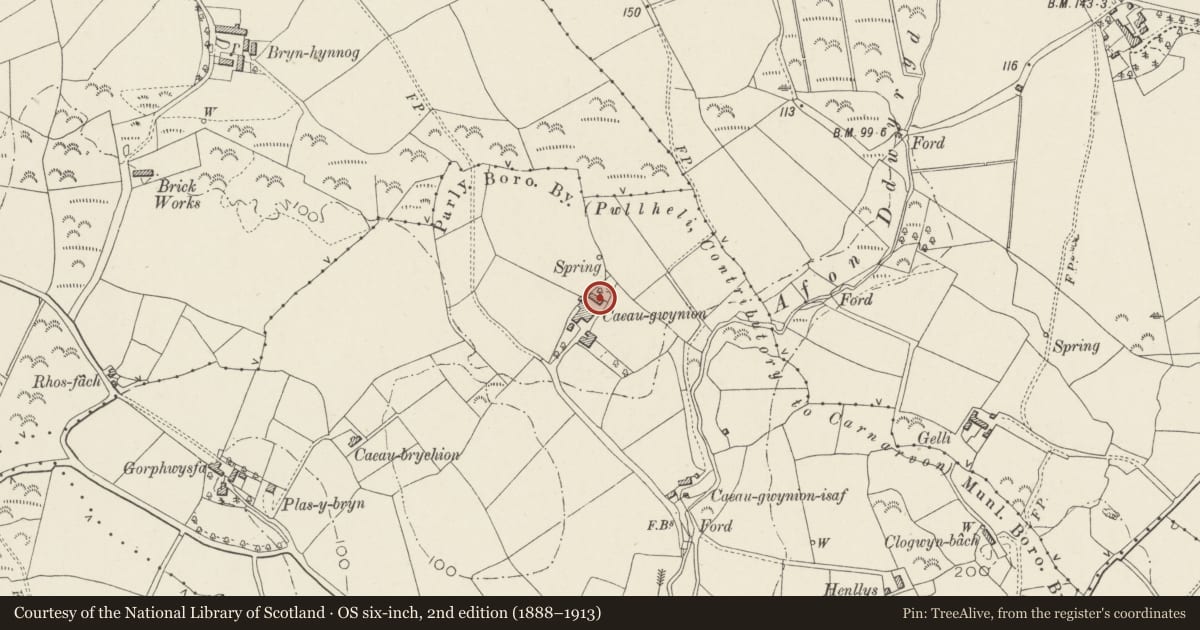 Ordnance Survey six-inch map, 2nd edition (1888–1913) covering the location of Long Range tp NE side of Farmyard at Cae Gwynion Uhaf Farm, Pwllheli, Gwynedd, with a pin at the register's coordinates