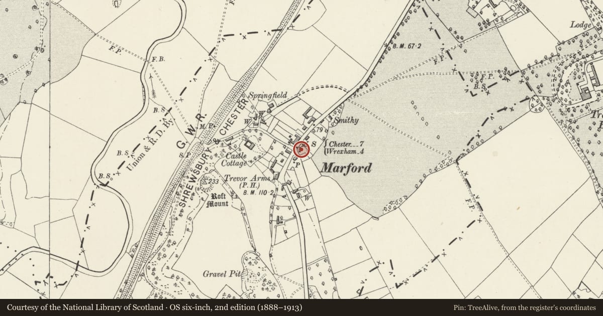 Ordnance Survey six-inch map, 2nd edition (1888–1913) covering the location of Beech Cottage, Gresford, Wrexham, with a pin at the register's coordinates