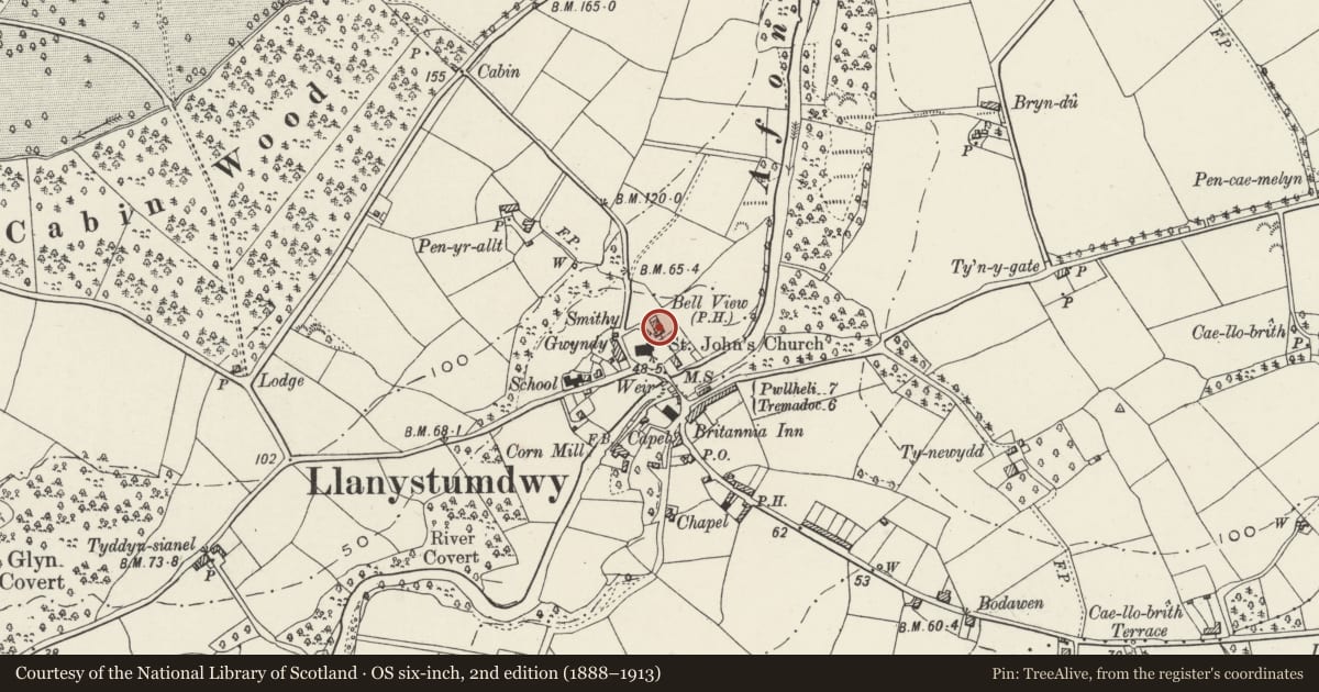 Ordnance Survey six-inch map, 2nd edition (1888–1913) covering the location of Ty'n Llan, Llanystumdwy, Gwynedd, with a pin at the register's coordinates