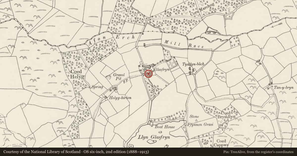Ordnance Survey six-inch map, 2nd edition (1888–1913) covering the location of Glasfryn House, Llanystumdwy, Gwynedd, with a pin at the register's coordinates