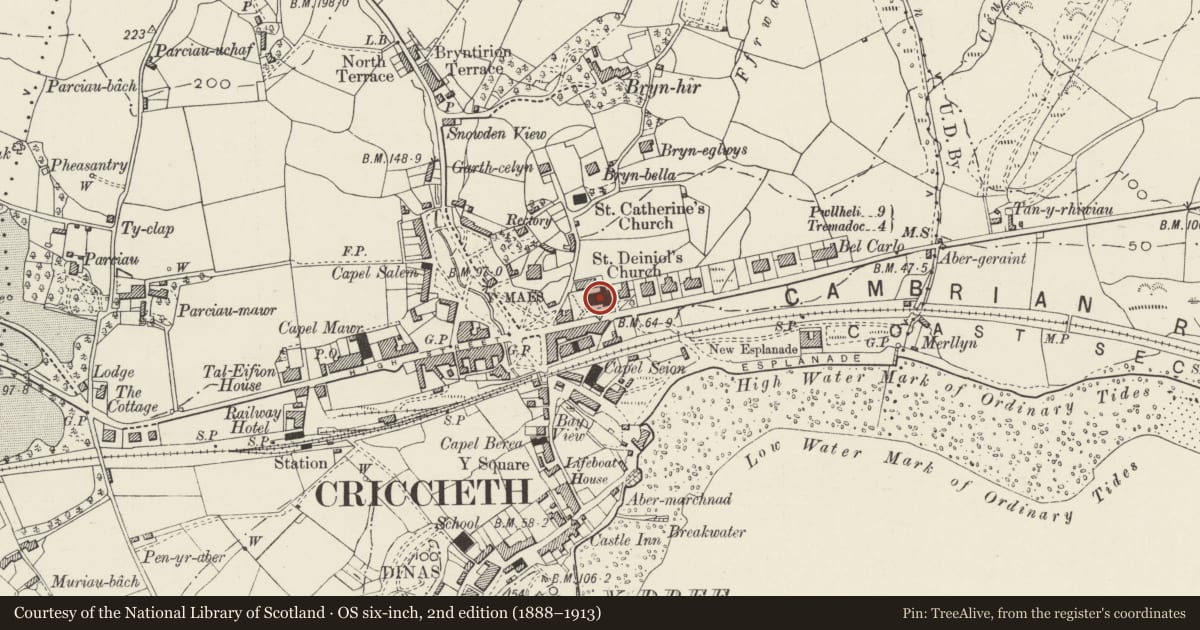 Ordnance Survey six-inch map, 2nd edition (1888–1913) covering the location of Church of Saint Deiniol, Criccieth, Gwynedd, with a pin at the register's coordinates