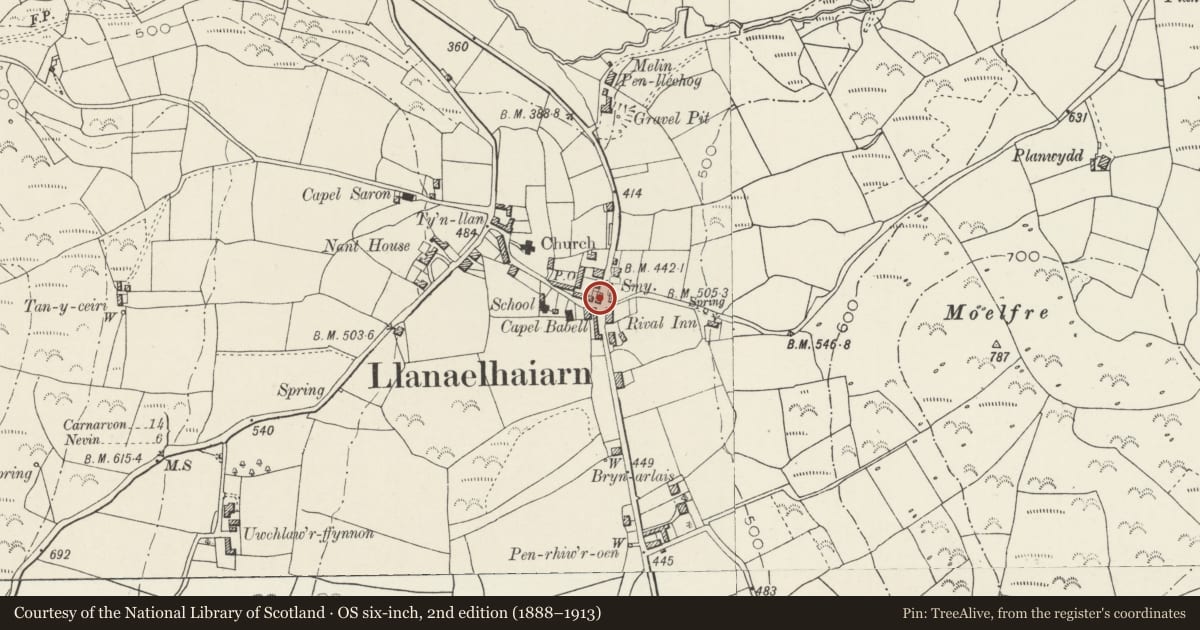 Ordnance Survey six-inch map, 2nd edition (1888–1913) covering the location of Telephone Call-box, Llanaelhaearn, Gwynedd, with a pin at the register's coordinates