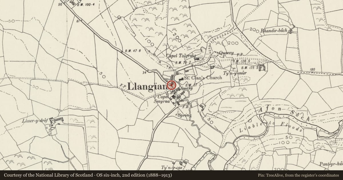Ordnance Survey six-inch map, 2nd edition (1888–1913) covering the location of Telephone Call-box (tel no: 01758 712206), Llanengan, Gwynedd, with a pin at the register's coordinates