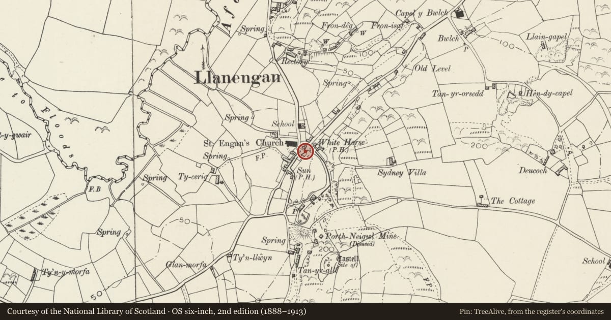 Ordnance Survey six-inch map, 2nd edition (1888–1913) covering the location of Telephone Call-box (tel no: 01758 712919), Llanengan, Gwynedd, with a pin at the register's coordinates