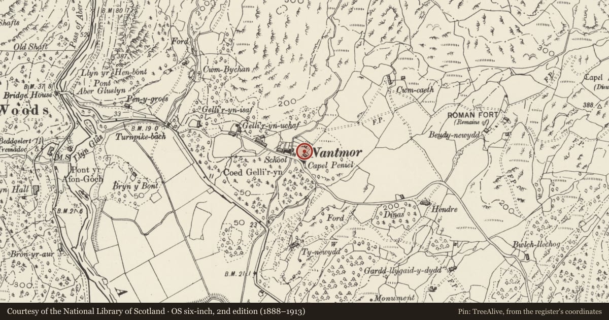 Ordnance Survey six-inch map, 2nd edition (1888–1913) covering the location of Telephone Call-box, Beddgelert, Gwynedd, with a pin at the register's coordinates
