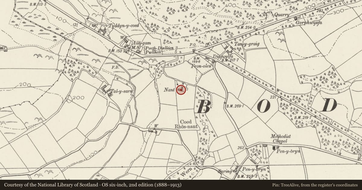 Ordnance Survey six-inch map, 2nd edition (1888–1913) covering the location of S Farmyard Range at Nant Farm, Buan, Gwynedd, with a pin at the register's coordinates
