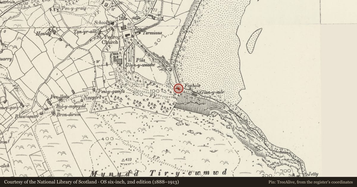 Ordnance Survey six-inch map, 2nd edition (1888–1913) covering the location of Foxhole, Llanbedrog, Gwynedd, with a pin at the register's coordinates