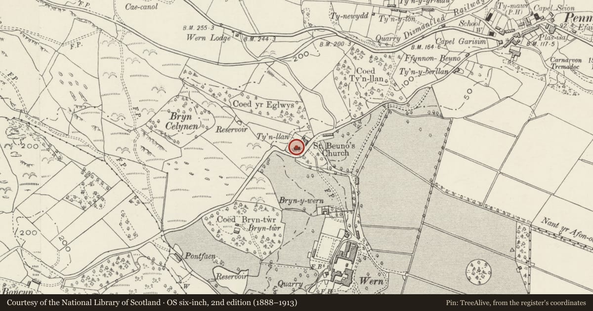 Ordnance Survey six-inch map, 2nd edition (1888–1913) covering the location of Church of St Beuno, Dolbenmaen, Gwynedd, with a pin at the register's coordinates