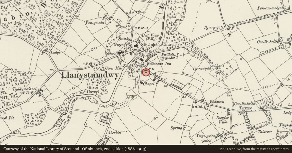 Ordnance Survey six-inch map, 2nd edition (1888–1913) covering the location of Moriah Methodist Chapel, Llanystumdwy, Gwynedd, with a pin at the register's coordinates