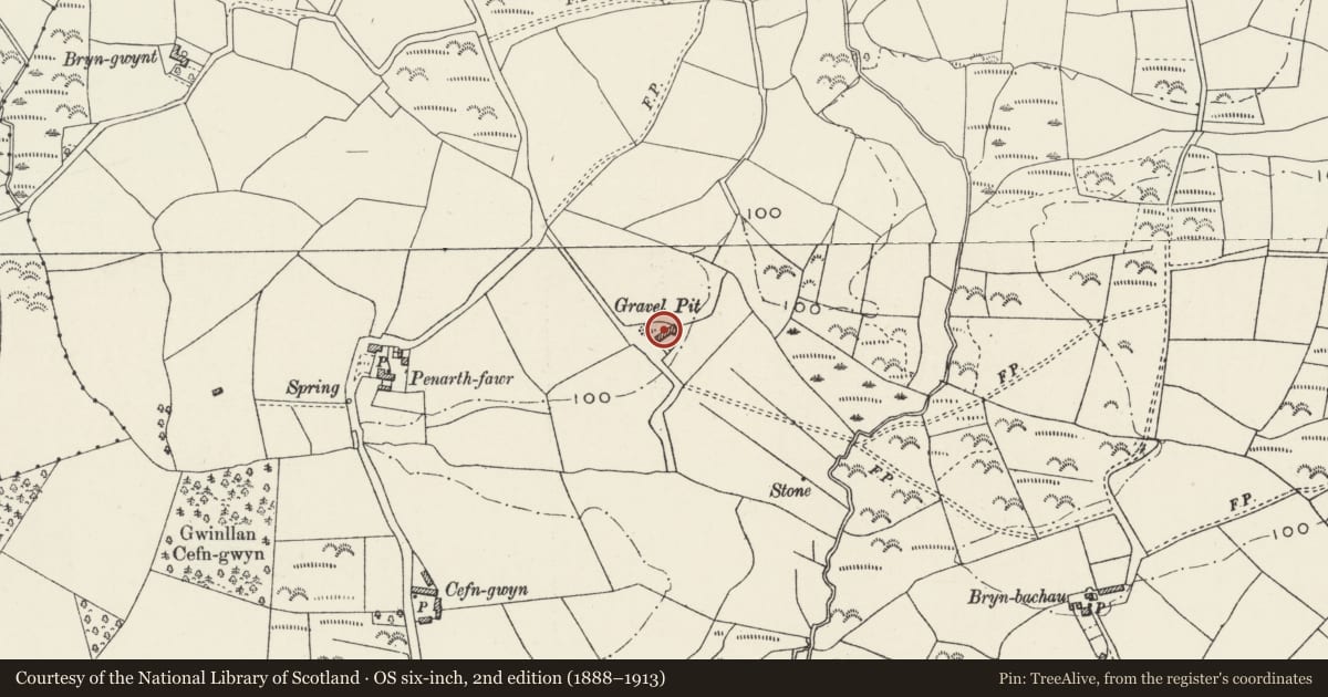 Ordnance Survey six-inch map, 2nd edition (1888–1913) covering the location of Ysgubor Degwm, Llanystumdwy, Gwynedd, with a pin at the register's coordinates