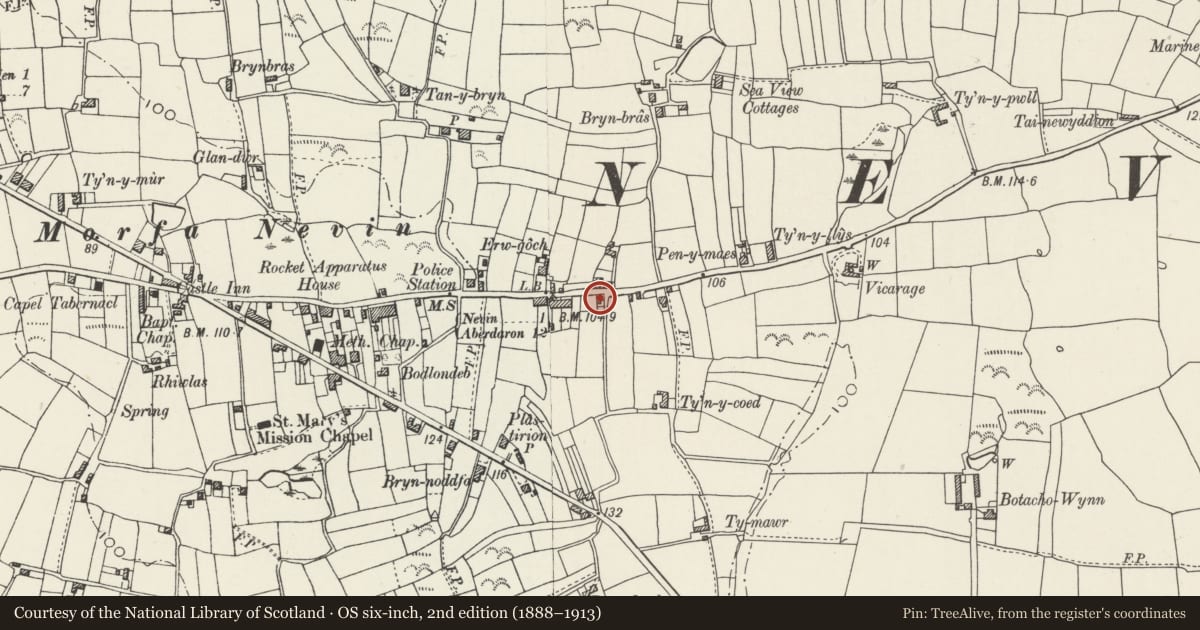 Ordnance Survey six-inch map, 2nd edition (1888–1913) covering the location of Cae'r Pwll, Nefyn, Gwynedd, with a pin at the register's coordinates