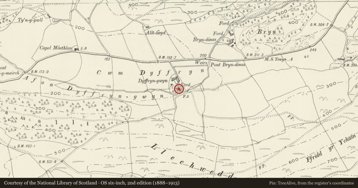 Ordnance Survey six-inch map, 2nd edition (1888–1913) covering the location of Hen Dyffryn Gwyn, Tywyn, Gwynedd, with a pin at the register's coordinates