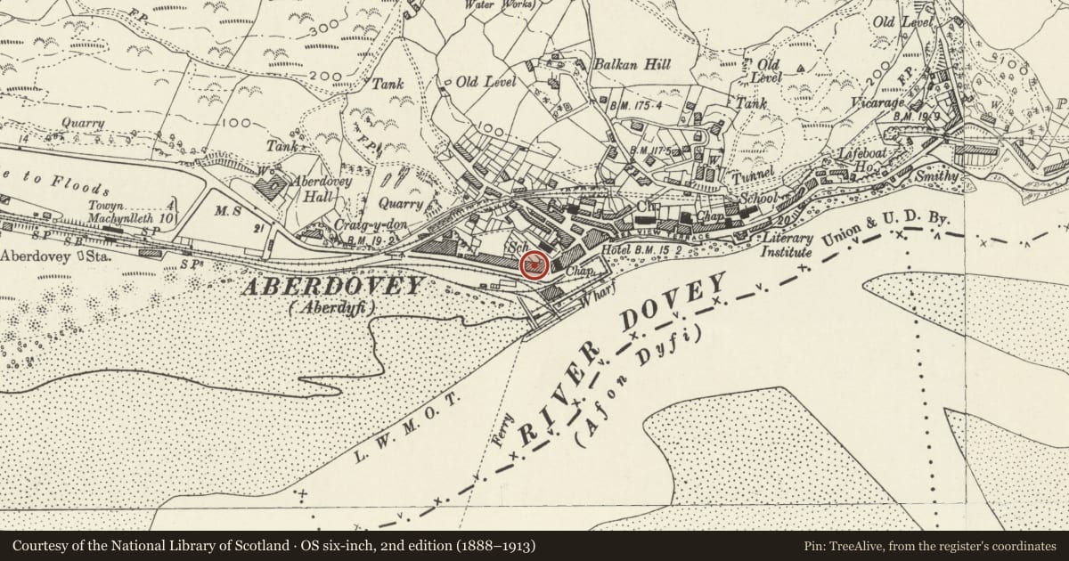 Ordnance Survey six-inch map, 2nd edition (1888–1913) covering the location of 15 Glan Dovey Terrace, Aberdovey, Gwynedd, with a pin at the register's coordinates