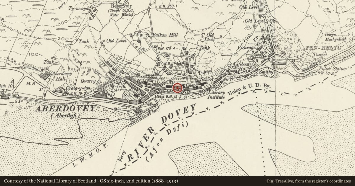 Ordnance Survey six-inch map, 2nd edition (1888–1913) covering the location of Leadenhall, Aberdovey, Gwynedd, with a pin at the register's coordinates