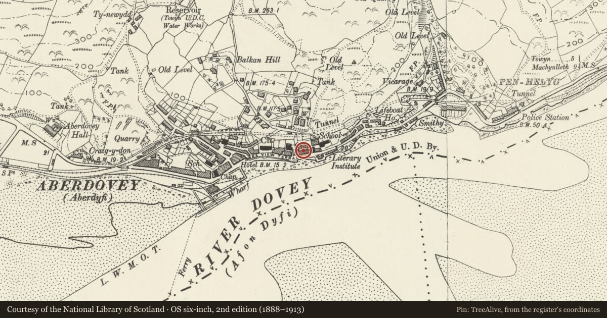 Ordnance Survey six-inch map, 2nd edition (1888–1913) covering the location of 26 Sea View Terrace, Aberdovey, Gwynedd, with a pin at the register's coordinates