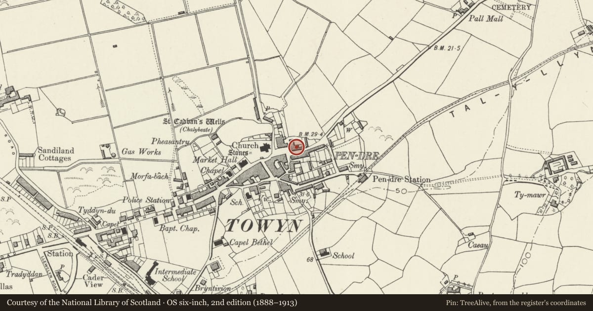 Ordnance Survey six-inch map, 2nd edition (1888–1913) covering the location of Corbett Arms Hotel, Tywyn, Gwynedd, with a pin at the register's coordinates