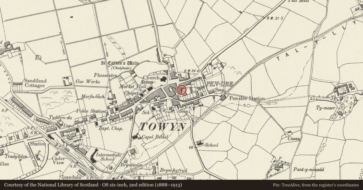 Ordnance Survey six-inch map, 2nd edition (1888–1913) covering the location of Stanley House, Tywyn, Gwynedd, with a pin at the register's coordinates