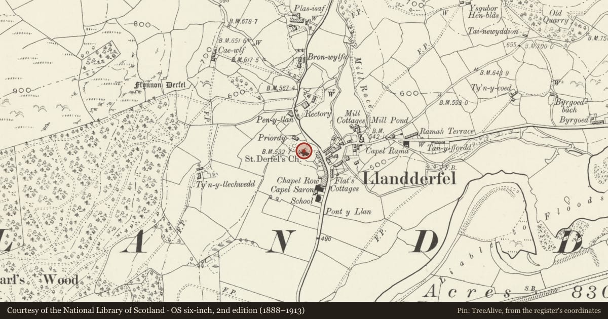 Ordnance Survey six-inch map, 2nd edition (1888–1913) covering the location of Parish Church of St Derfel, Llandderfel, Gwynedd, with a pin at the register's coordinates