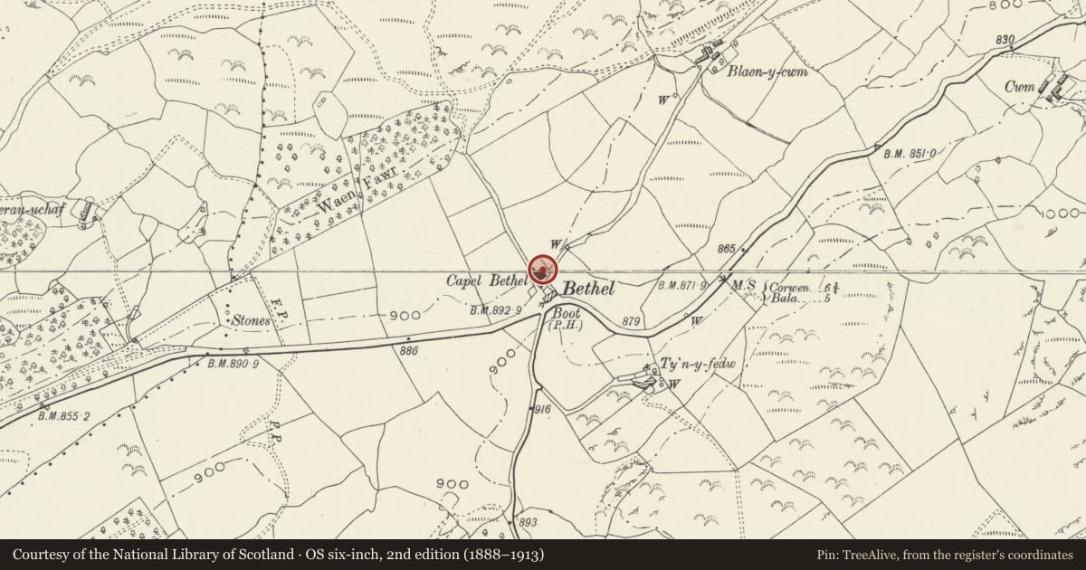 Ordnance Survey six-inch map, 2nd edition (1888–1913) covering the location of Bethel Congregational Chapel, Llandderfel, Gwynedd, with a pin at the register's coordinates