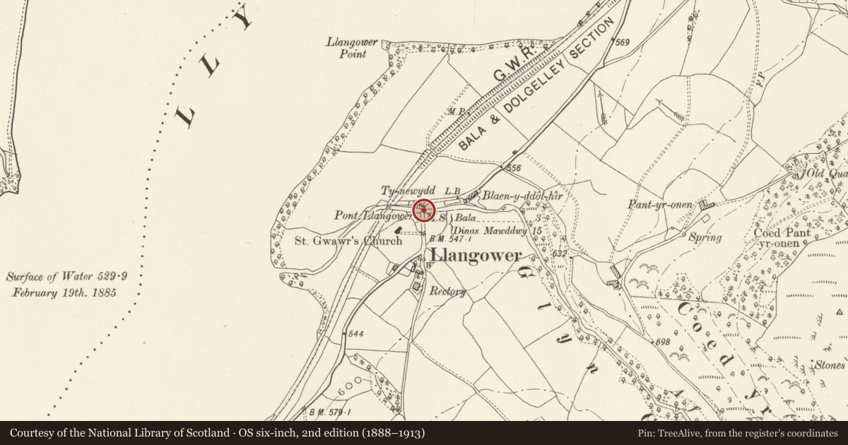 Ordnance Survey six-inch map, 2nd edition (1888–1913) covering the location of Pont Llangower, Llangywer, Gwynedd, with a pin at the register's coordinates