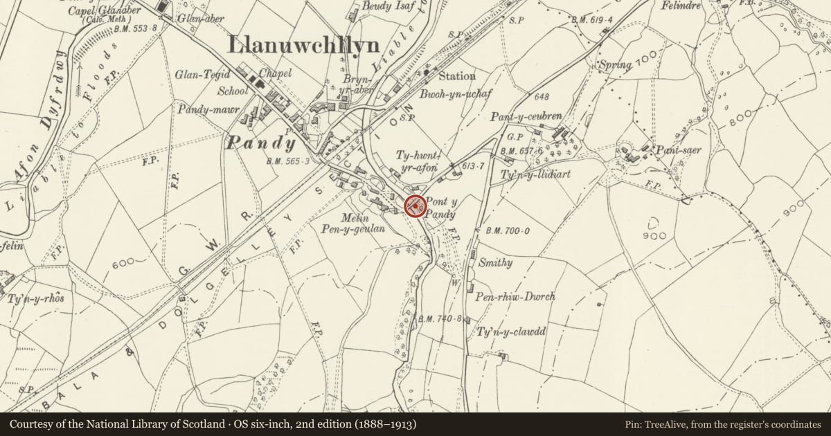 Ordnance Survey six-inch map, 2nd edition (1888–1913) covering the location of Pont-y-Pandy, Llanuwchllyn, Gwynedd, with a pin at the register's coordinates