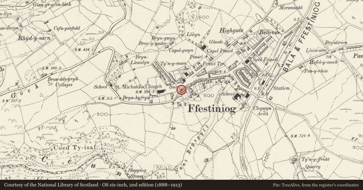 Ordnance Survey six-inch map, 2nd edition (1888–1913) covering the location of Melbourne House, Ffestiniog, Gwynedd, with a pin at the register's coordinates