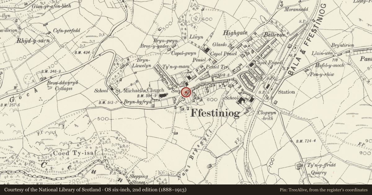 Ordnance Survey six-inch map, 2nd edition (1888–1913) covering the location of Ty'r Banc, Ffestiniog, Gwynedd, with a pin at the register's coordinates