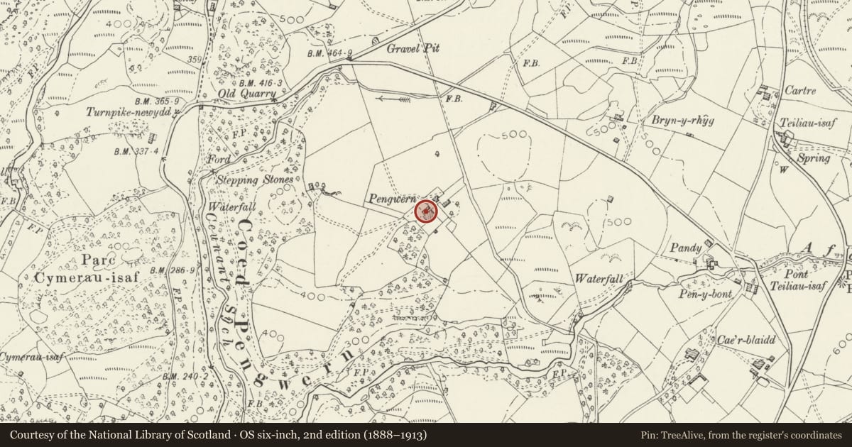 Ordnance Survey six-inch map, 2nd edition (1888–1913) covering the location of Pengwern Old Hall, Ffestiniog, Gwynedd, with a pin at the register's coordinates