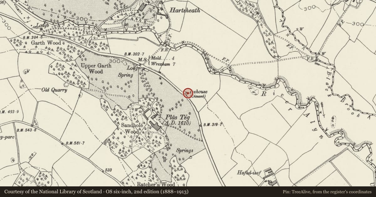 Ordnance Survey six-inch map, 2nd edition (1888–1913) covering the location of Ice-house NE of Plas Teg, Hope, Flintshire, with a pin at the register's coordinates
