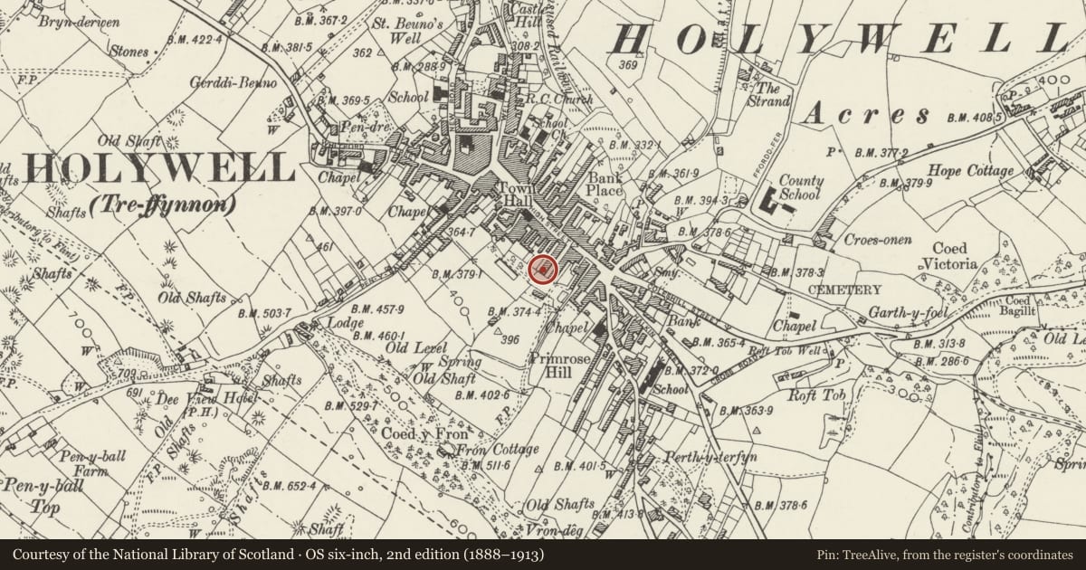 Ordnance Survey six-inch map, 2nd edition (1888–1913) covering the location of 15, Holywell, Flintshire, with a pin at the register's coordinates