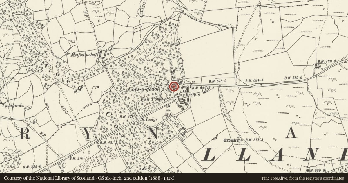 Ordnance Survey six-inch map, 2nd edition (1888–1913) covering the location of Cors y Gedol Hall, Dyffryn Ardudwy, Gwynedd, with a pin at the register's coordinates