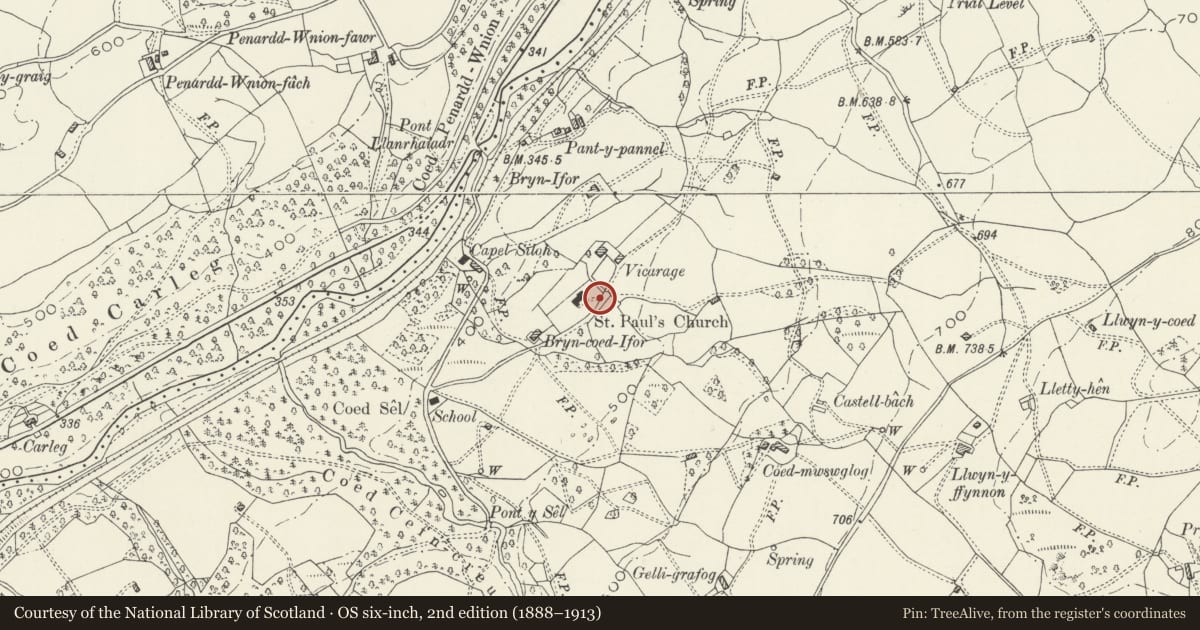 Ordnance Survey six-inch map, 2nd edition (1888–1913) covering the location of Lychgate at St Paul's Chruch, Brithdir and Llanfachreth, Gwynedd, with a pin at the register's coordinates