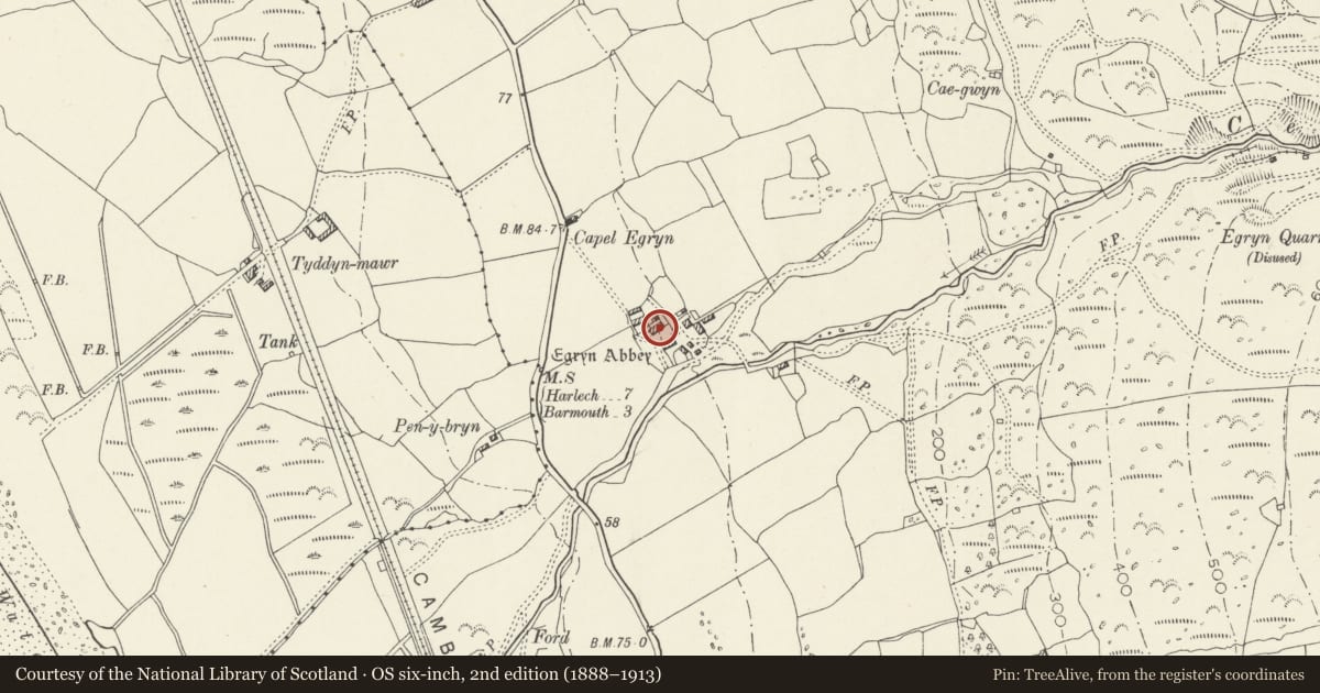Ordnance Survey six-inch map, 2nd edition (1888–1913) covering the location of Egryn Abbey, Dyffryn Ardudwy, Gwynedd, with a pin at the register's coordinates