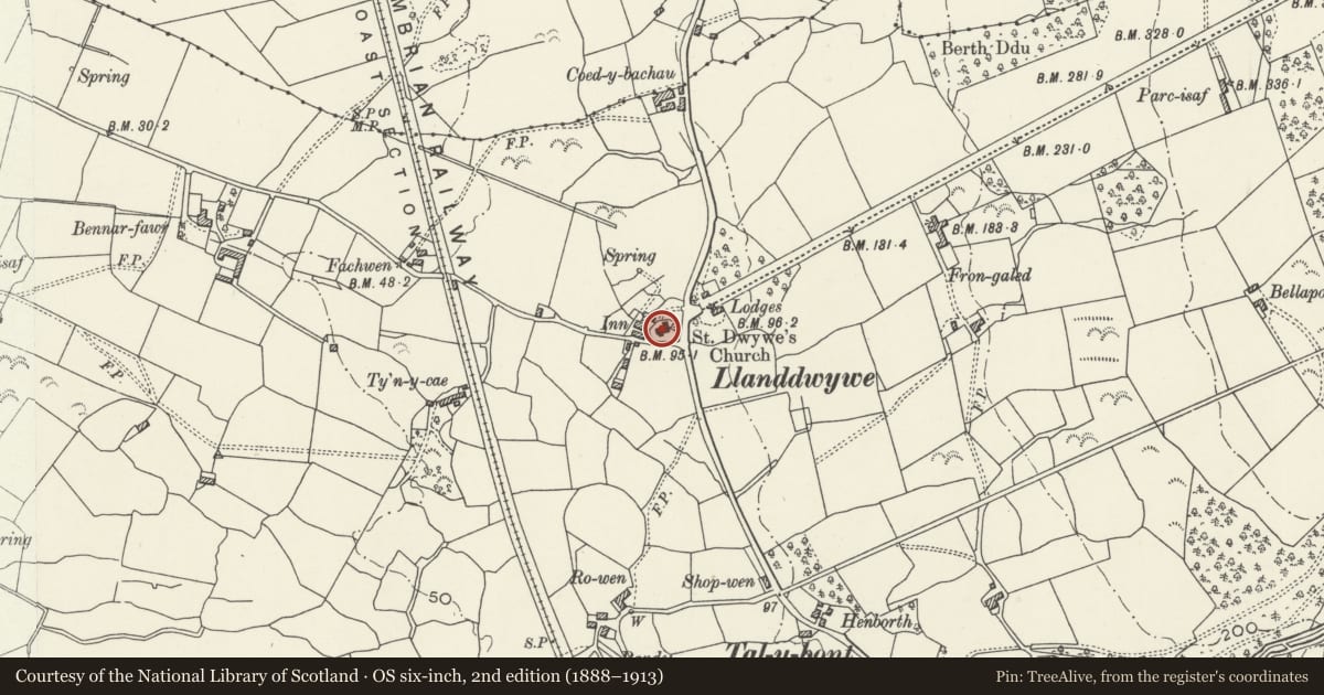 Ordnance Survey six-inch map, 2nd edition (1888–1913) covering the location of Church of St. Dwywe, Dyffryn Ardudwy, Gwynedd, with a pin at the register's coordinates