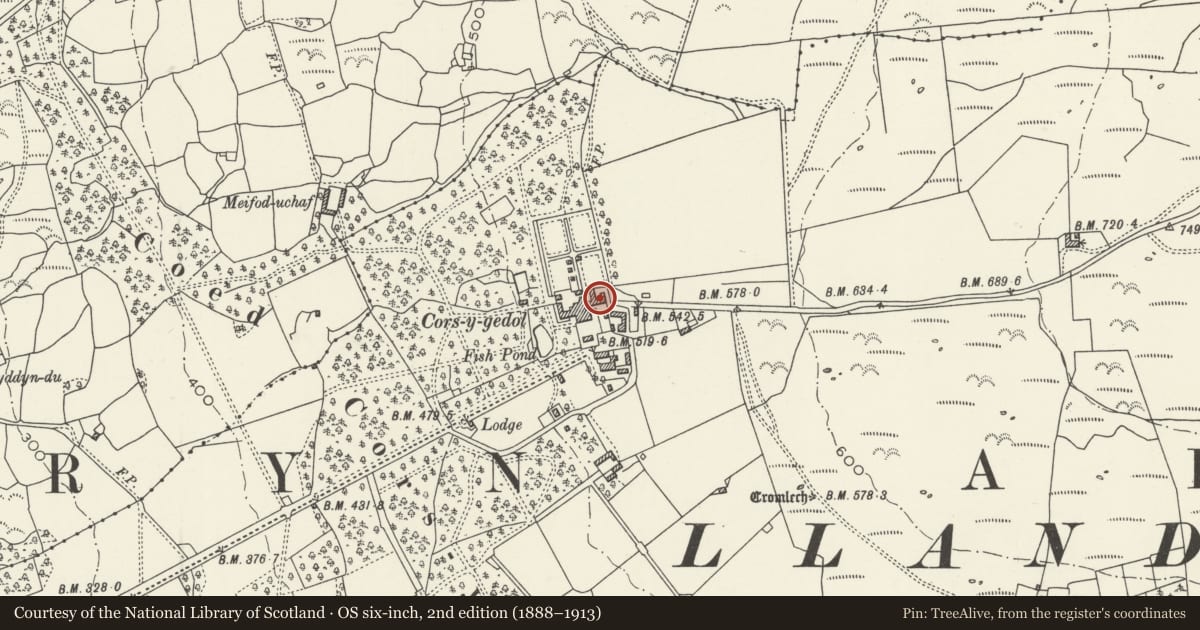 Ordnance Survey six-inch map, 2nd edition (1888–1913) covering the location of Farmhouse at Cors y Gedol Hall, Dyffryn Ardudwy, Gwynedd, with a pin at the register's coordinates