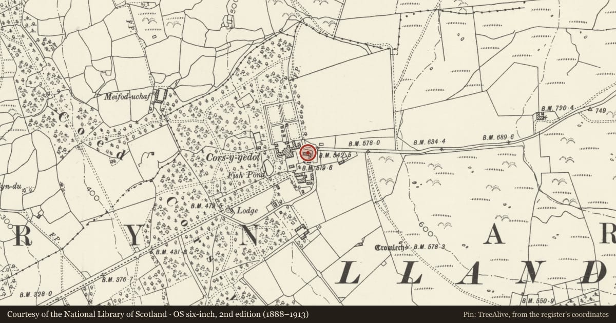 Ordnance Survey six-inch map, 2nd edition (1888–1913) covering the location of Corn barn at Cors y Gedol Hall, Dyffryn Ardudwy, Gwynedd, with a pin at the register's coordinates