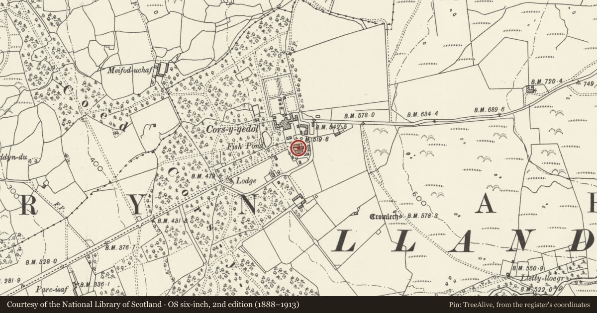 Ordnance Survey six-inch map, 2nd edition (1888–1913) covering the location of Converted stables and cartshed range to S of Cors y Gedol Hall, Dyffryn Ardudwy, Gwynedd, with a pin at the register's coordinates