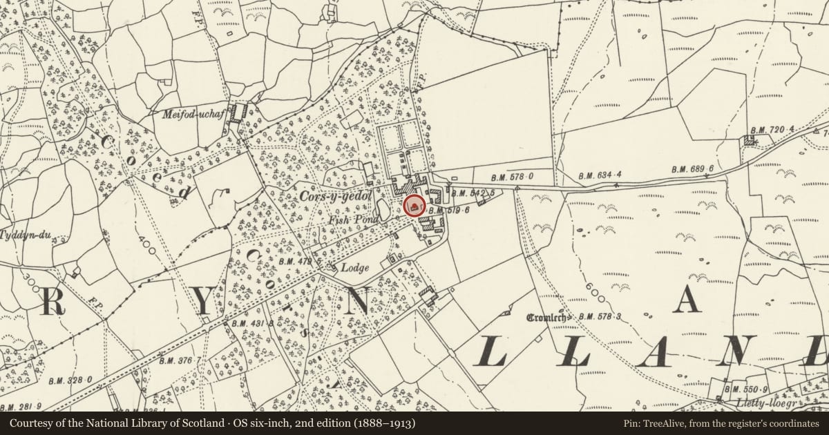Ordnance Survey six-inch map, 2nd edition (1888–1913) covering the location of Gatehouse at Cors y Gedol Hall, Dyffryn Ardudwy, Gwynedd, with a pin at the register's coordinates