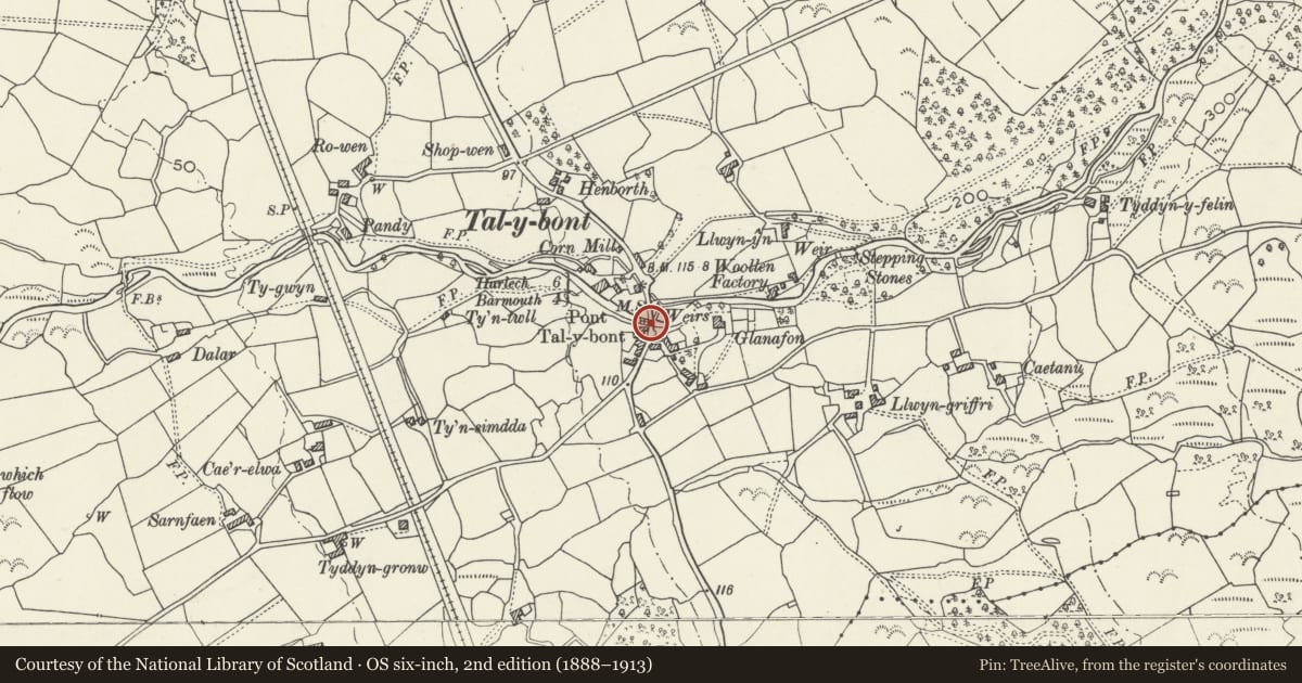Ordnance Survey six-inch map, 2nd edition (1888–1913) covering the location of Tal-y-bont bridge, Dyffryn Ardudwy, Gwynedd, with a pin at the register's coordinates