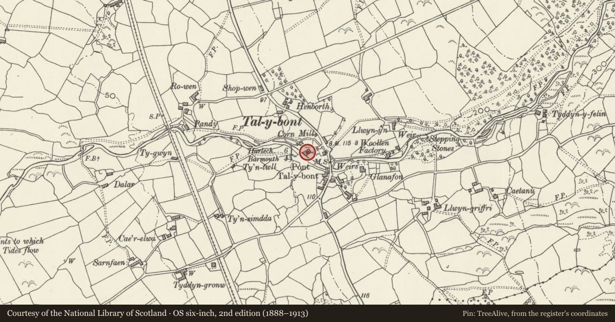Ordnance Survey six-inch map, 2nd edition (1888–1913) covering the location of Mill House, Dyffryn Ardudwy, Gwynedd, with a pin at the register's coordinates