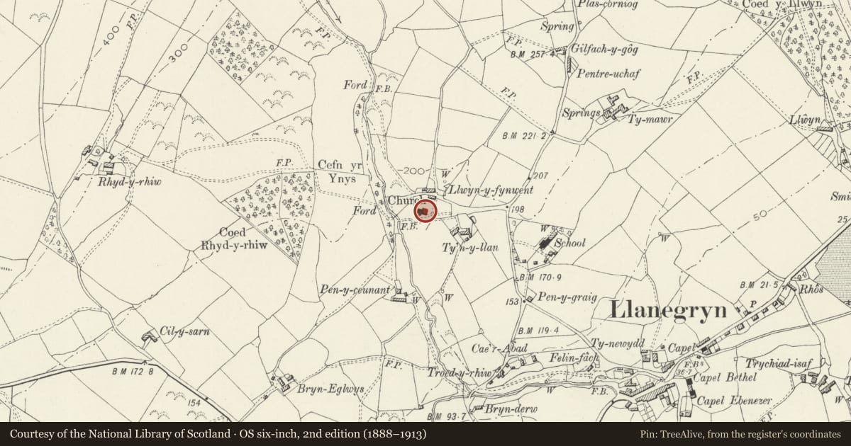 Ordnance Survey six-inch map, 2nd edition (1888–1913) covering the location of Church of St Mary and St Egryn, Llanegryn, Gwynedd, with a pin at the register's coordinates