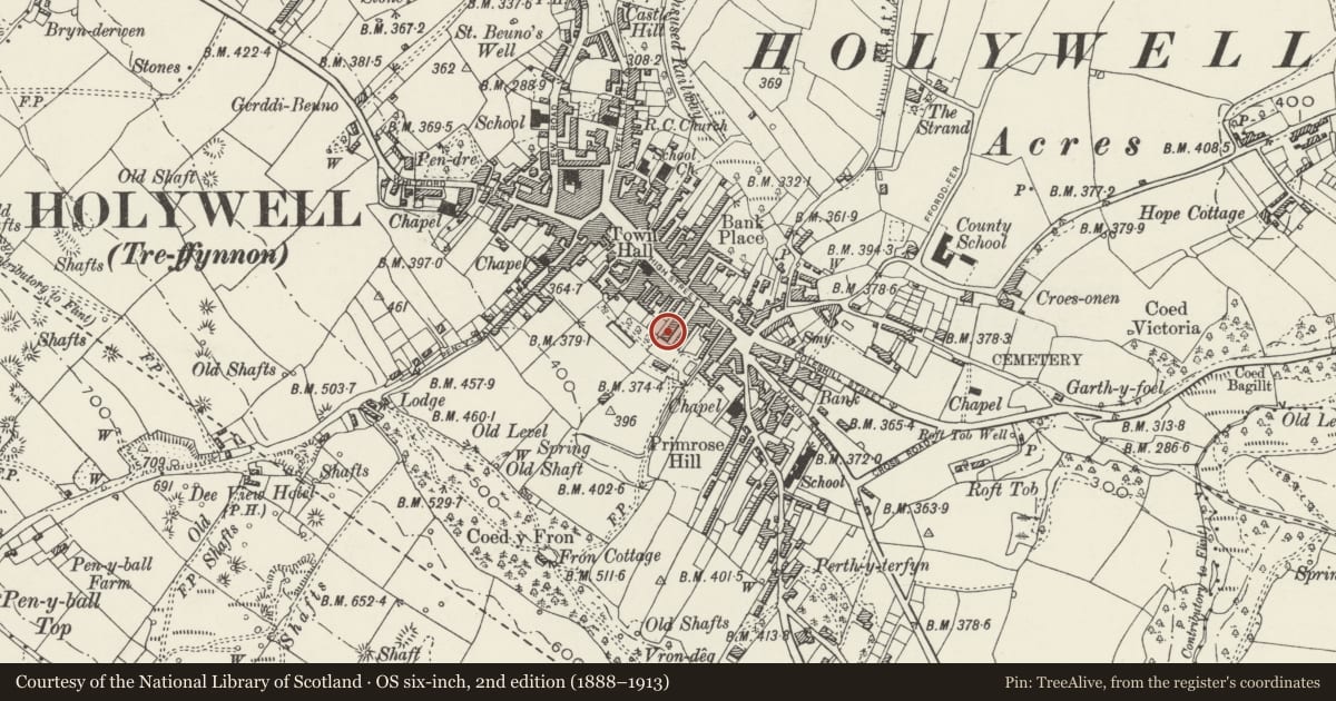 Ordnance Survey six-inch map, 2nd edition (1888–1913) covering the location of 18, Holywell, Flintshire, with a pin at the register's coordinates